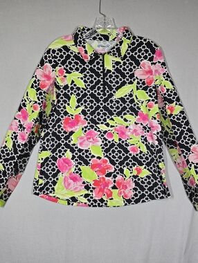 IBKUL Floral Print Quarter Zip Long Sleeve Top Women's Large Pullover